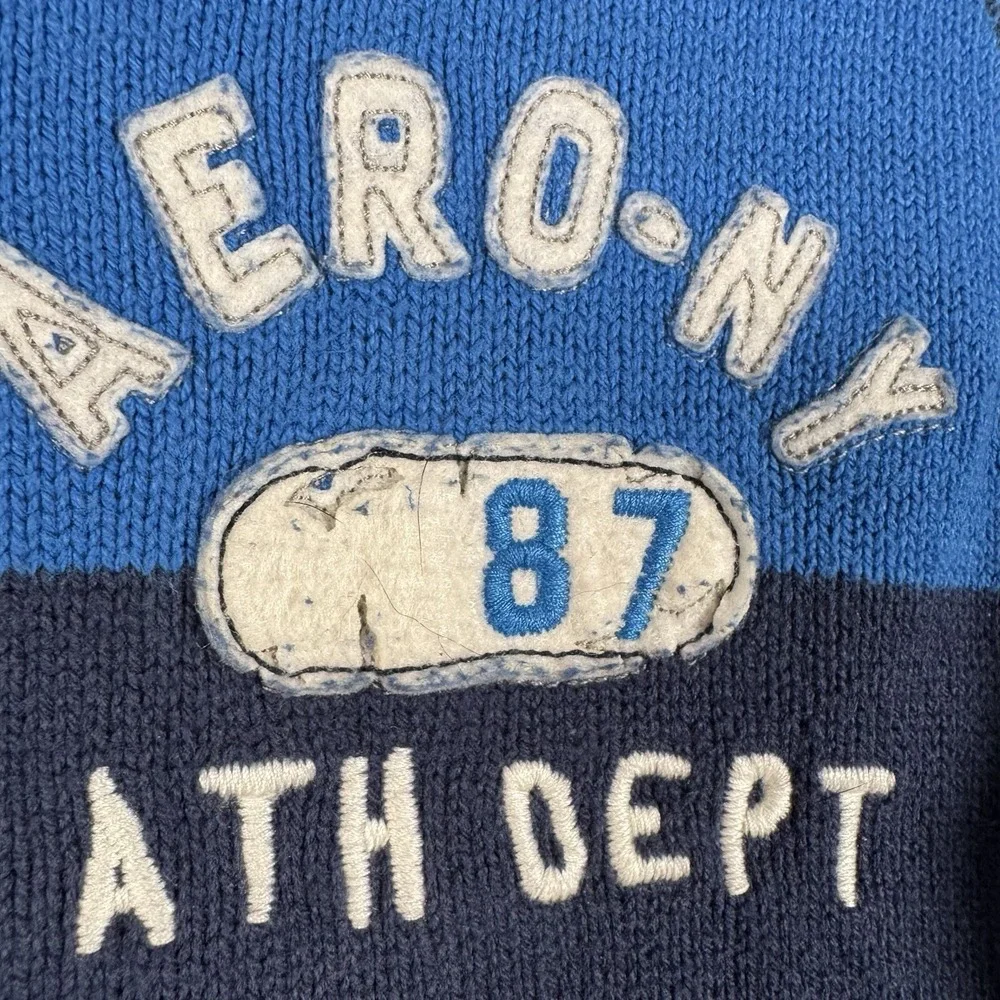 Vintage Aeropostale Y2K Sweater Mens Medium Rugby Stripe Embroidered Blue Ribbed